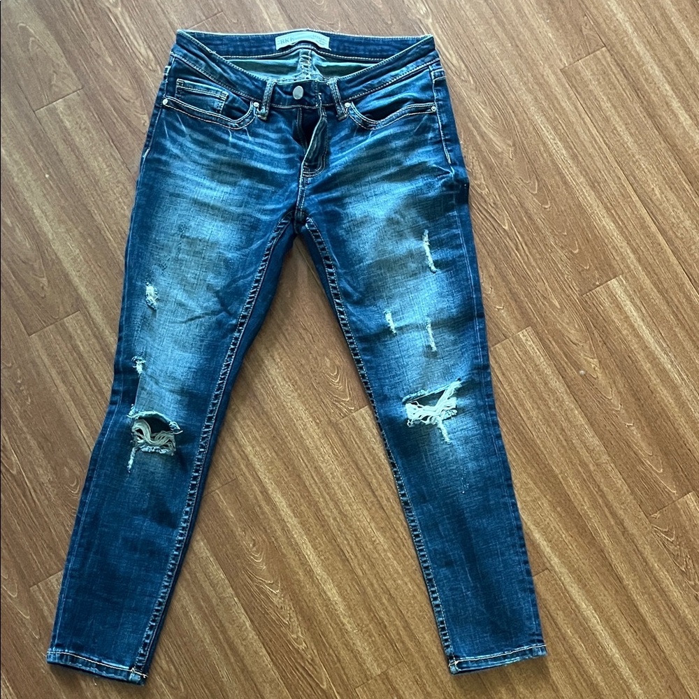 BKE Women's Distressed Dark Blue Skinny Jeans
